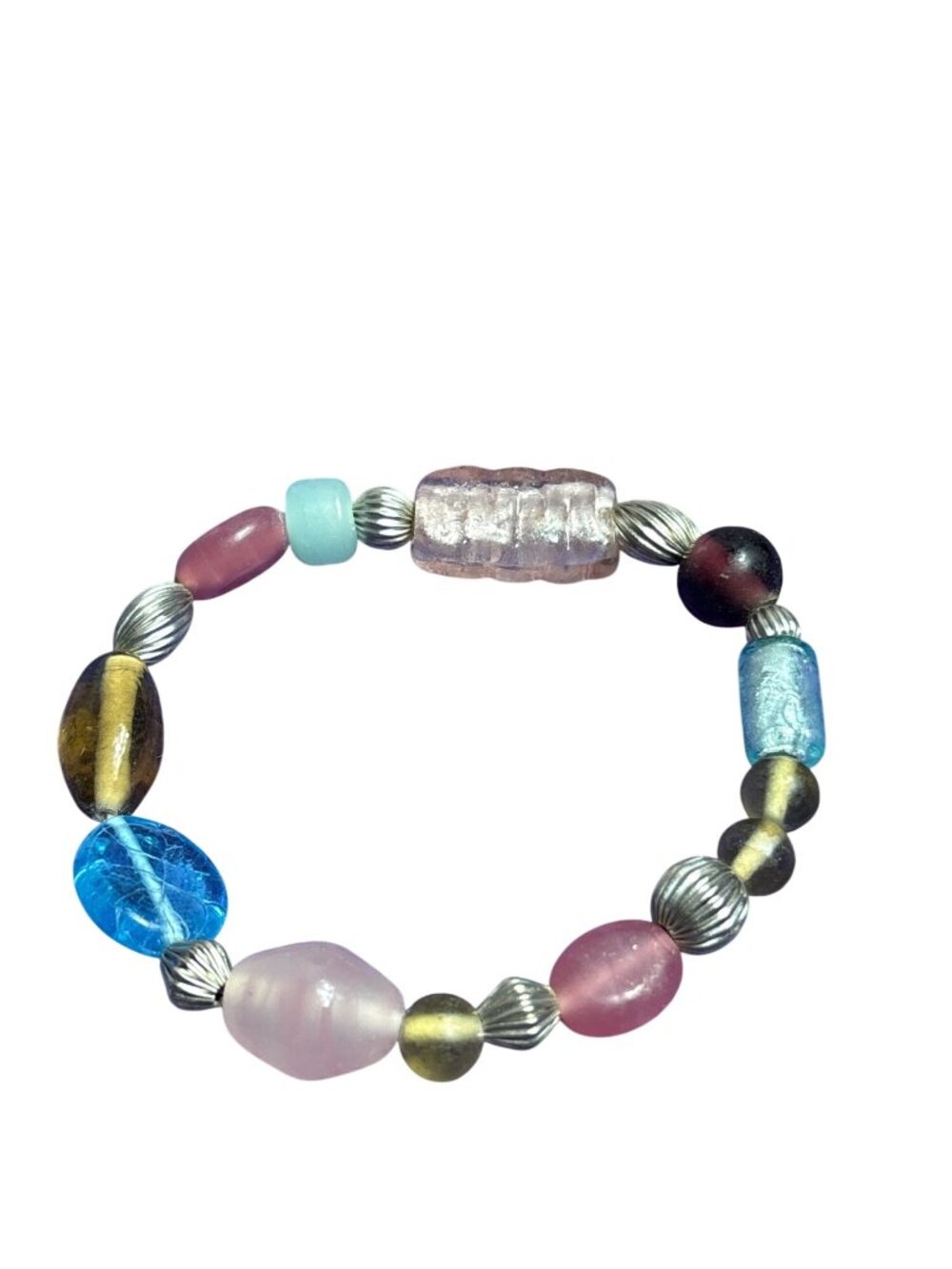 Multicolor Glass Beaded Stretchy Bracelet Silvertone 6.25 inches Unstretched